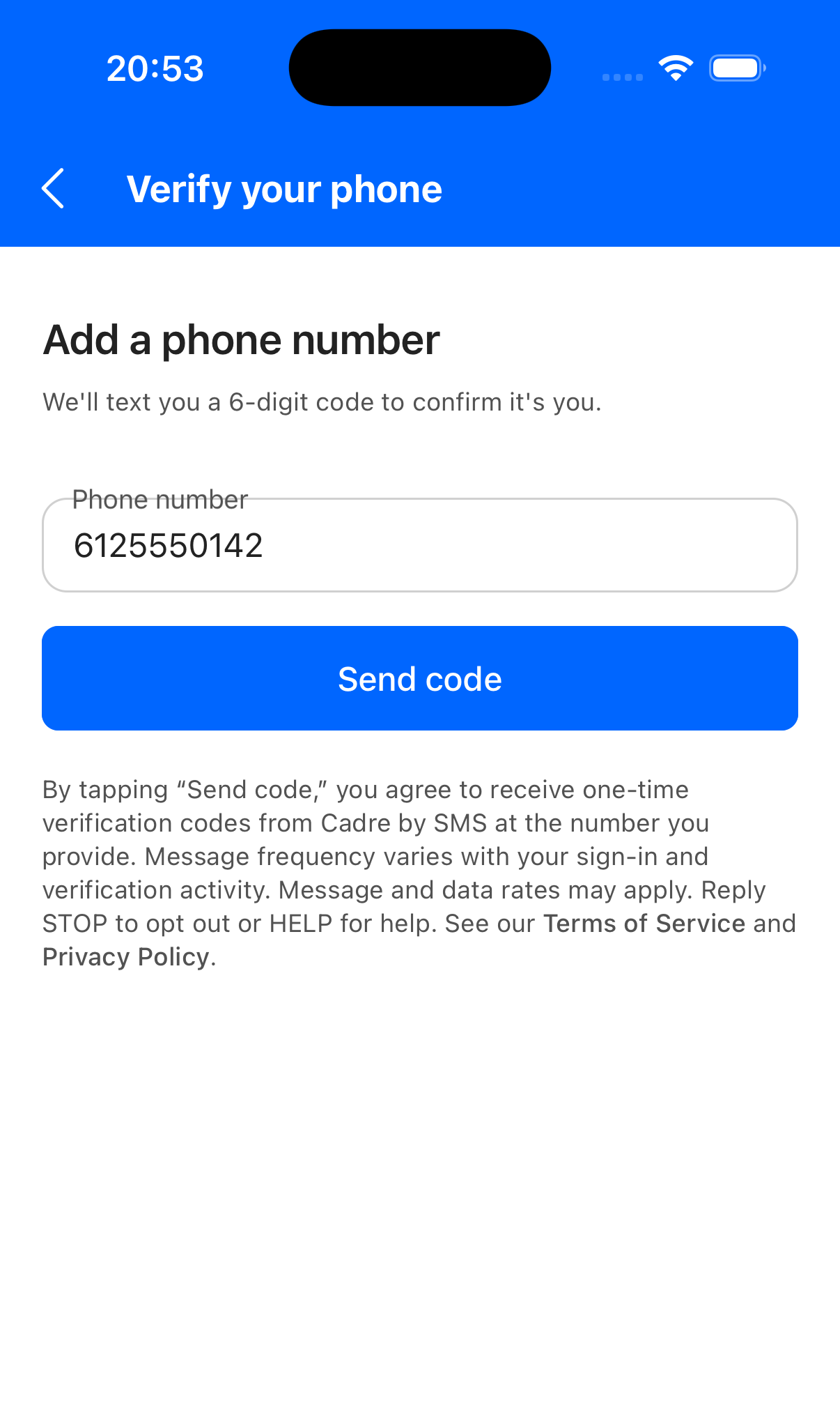 Cadre app — Verify your phone screen showing the phone number field, Send code button, and SMS consent disclosure